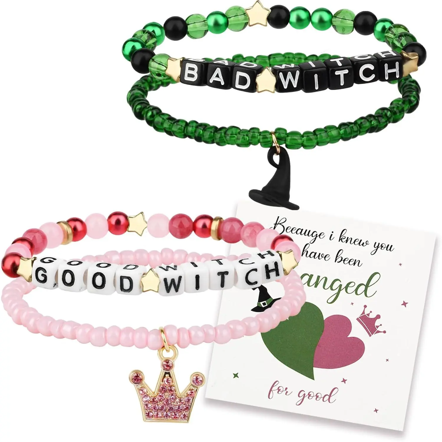 for Elphaba Glinda Friendship Matching Bracelets,Rhinestone Crown  Hat Matching Bracelets,BFF Couples Accessories with a wicked card for Fans Party,Gifts for Bestfriend Fans Party Dress Decor