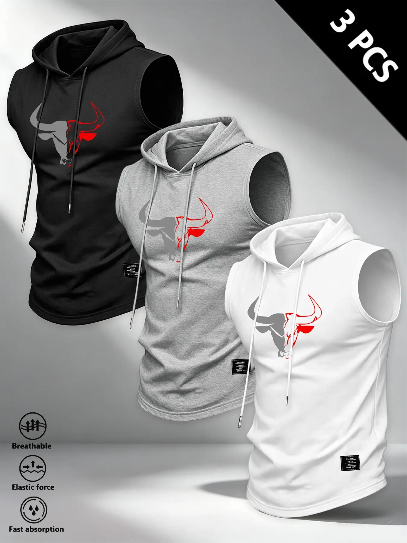 3-Pack Men's Bull Print Sleeveless Hooded Sports Tank Tops, Bold Bull Head Design, Streetwear Style, Fitness & Casual Wear, Sleeveless Gym Tops, Sleeveless Vest