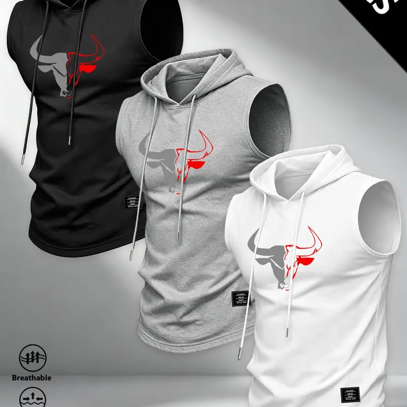 3-Pack Men's Bull Print Sleeveless Hooded Sports Tank Tops, Bold Bull Head Design, Streetwear Style, Fitness & Casual Wear