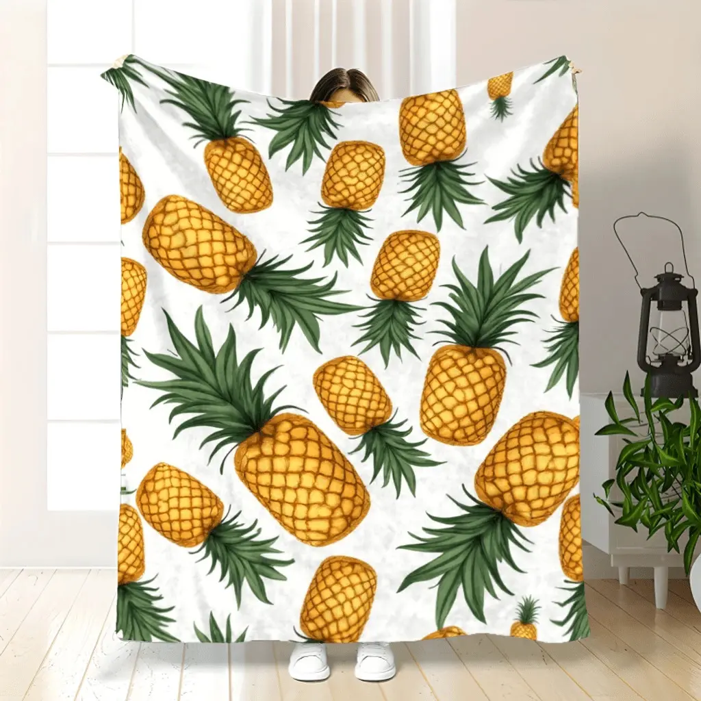 Watercolor Yellow Pineapple All Over Print Flannel Blanket, Tropical Fruit White Background Throw Blanket, Soft Plush Warm Blanket for Couch Bedroom, Cozy Comfy Nap Blanket, Perfect Giftable Decorative Blanket for Summer Tropical Lovers All Seasons