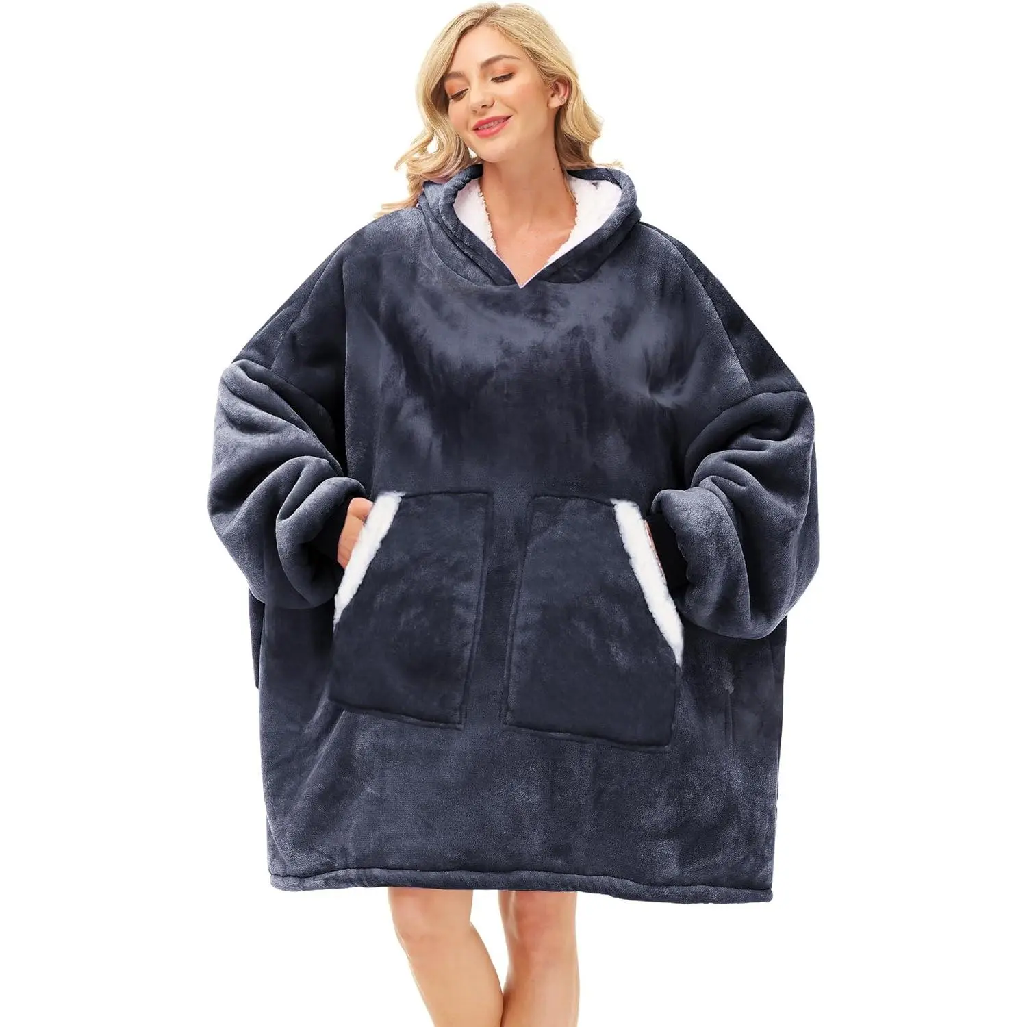Wearable Blanket Hoodie Gifts for and Men, Oversized Cozy Warm Flannel Hooded Sweatshirt with Giant Pockets for Adult and Teens, Dark Gray