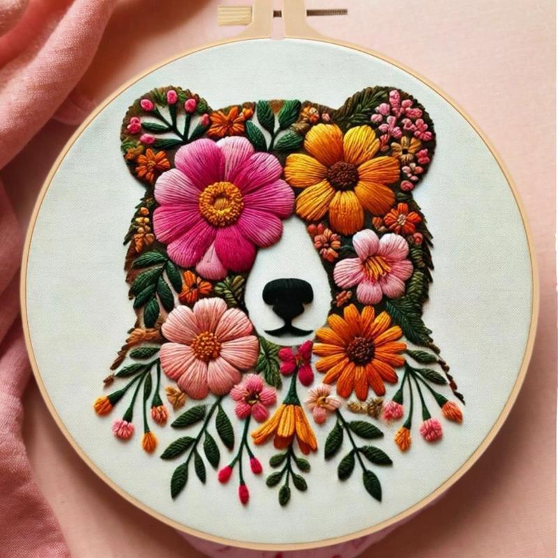 Bear Flower Embroidery Kit – DIY Needlework Craft Set with English Guide Beginner-Friendly Floral Stitching Project Ideal for Relaxing Crafts & Unique Home Decor