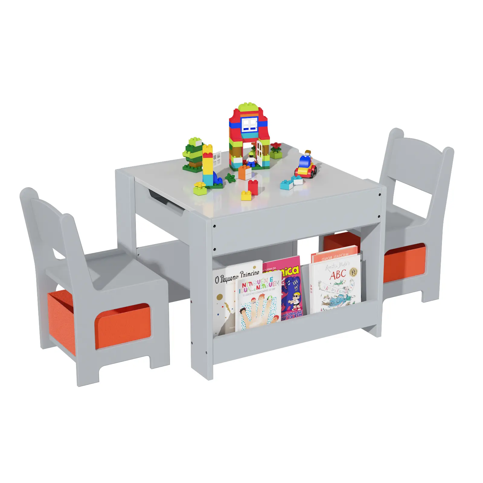 Activity Table with Built-in Bookshelf and 2 Chairs, Available in Gray, Pink, and Two-Tone, MDF
