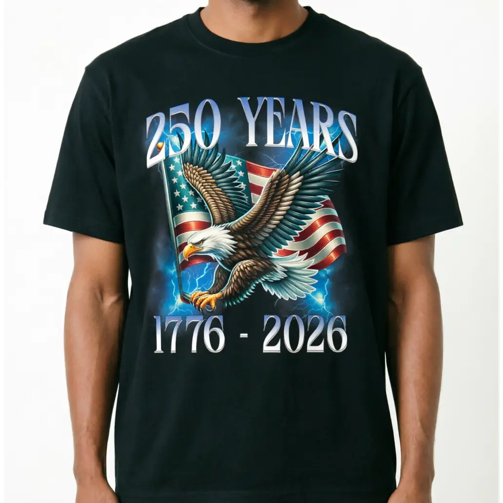 Eagle & USA Flag 250 Years 1776-2026 America 250th Birthday Patriotic Cotton unisex T-Shirt 4th Of July Independence Day Graphic Tee Black Blue Crewneck Short sleeve t-shirt Summer Vintage Menswear apparel top