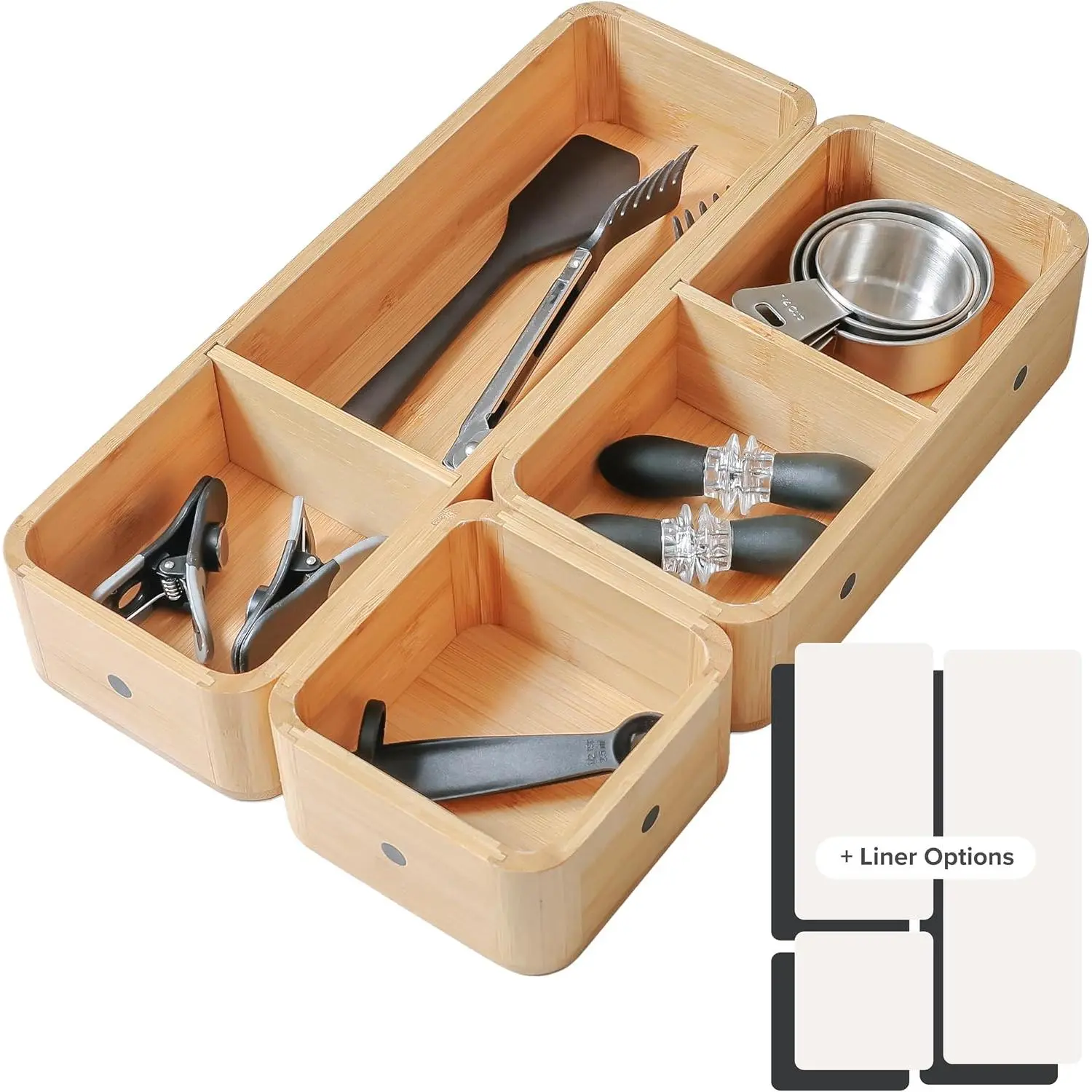 Modular Drawer Organizer Set, 3-Container,  | 5 compartments, , removable inserts, stackable, rubber liners, non-slip, 9x13.5x2.4in