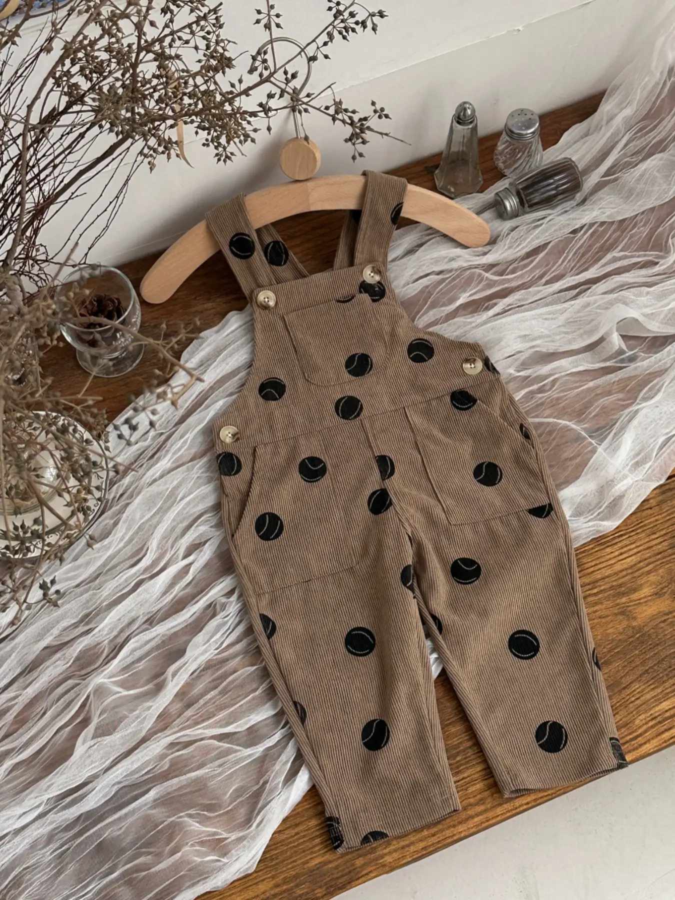 Vintage Coffee Tennis Print Corduroy Overall, Unisex Baby Adjustable Straps, Side Button, Loose Fit, Spring Fall Fashion, Perfect for Photos