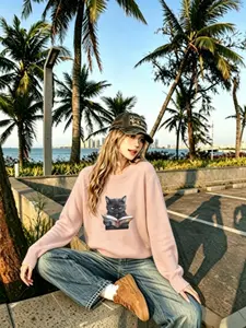 Funny Reading Cat Pattern Knit Long Sleeve Sweater, Loose Fit Basic Daily Commute Travel Casual Atmosphere Versatile Top