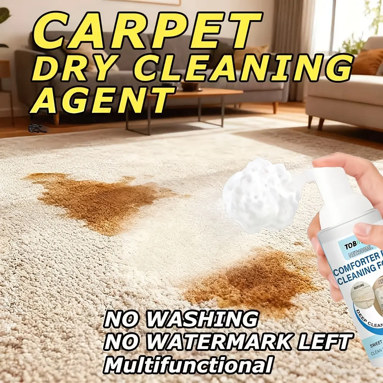 Multi-purpose Carpet & Fabric Powerful Cleaner Foam | Safe and Gentle Formula, Ideal for Removing Stains from Sofas, Car Interiors, Carpets, Mattresses, and Tablecloths, Perfect Dry Cleaning Solution for Fabrics, Upholstery, Contains Citric Acid