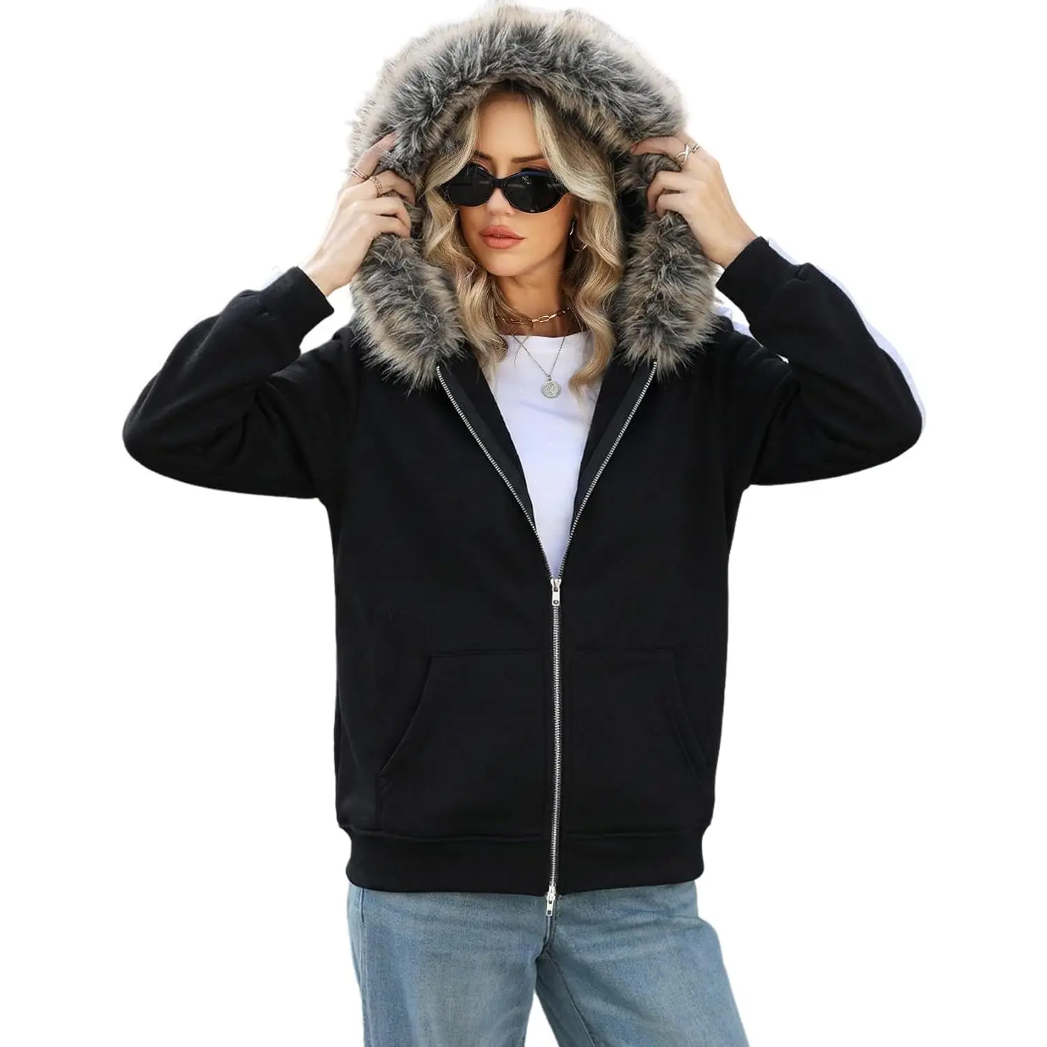 Wyeysyt Women's Y2k Hoodie Jacket Emo Grunge Clothes Zip Up Faux Fur Hood Coat Vintage Hoodies 2000s 90S Streetwear