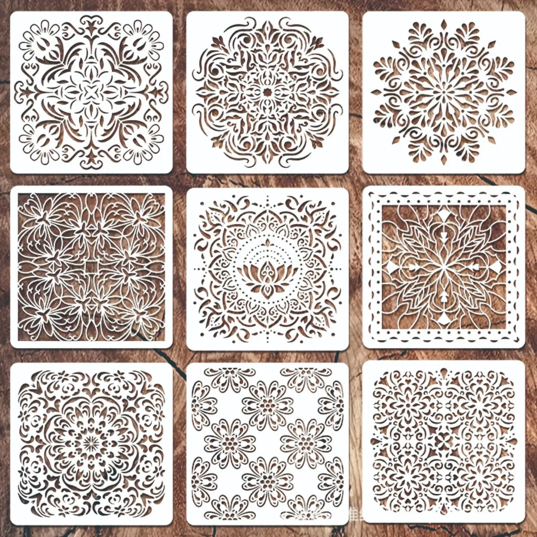9pcs Reusable Mandala Craft Templates, Round Floral Painting Stencils, DIY Art Supplies, Wall Decor, Cake Cards, Paper Crafts