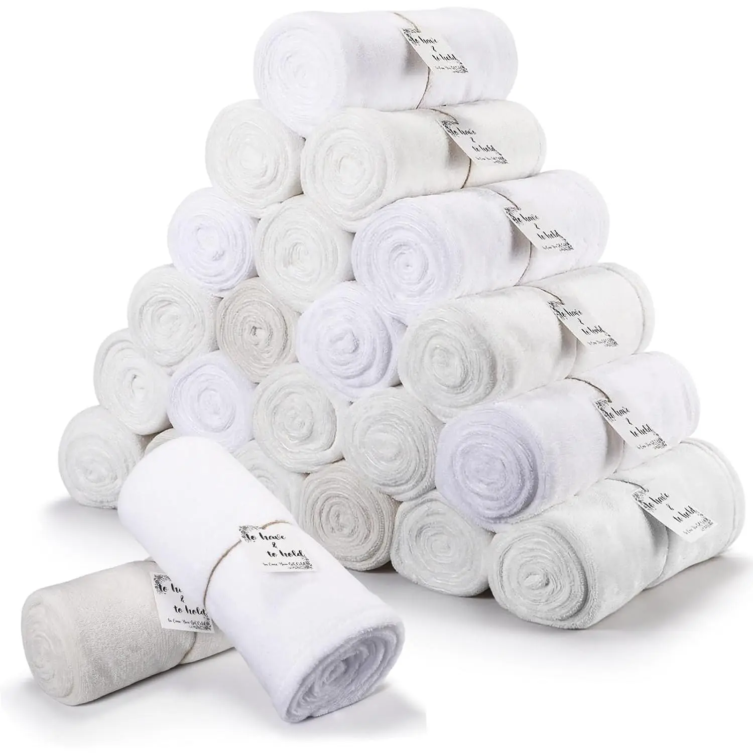 24 Pack Flannel Throw Blankets Bulk 50 x 60 Inch Wedding Fleece Blankets with Thank You Card Soft Blanket for Winter Valentines Guests Sleepover  Gifts, 4 Colors (Shades of White)