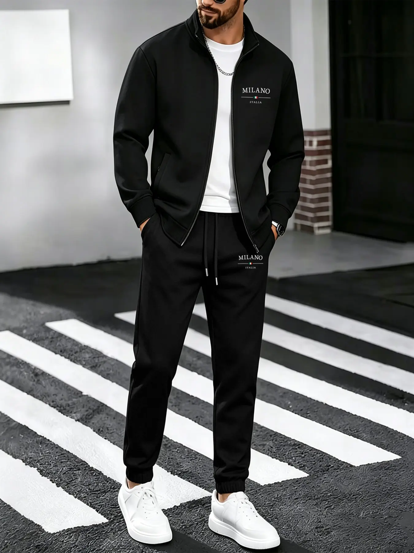 Men's Fall Winter 2-Piece Set, Stand Collar Jacket and Sports Pants, Milan City Theme Letter Print, Casual Street Style, Slim Fit