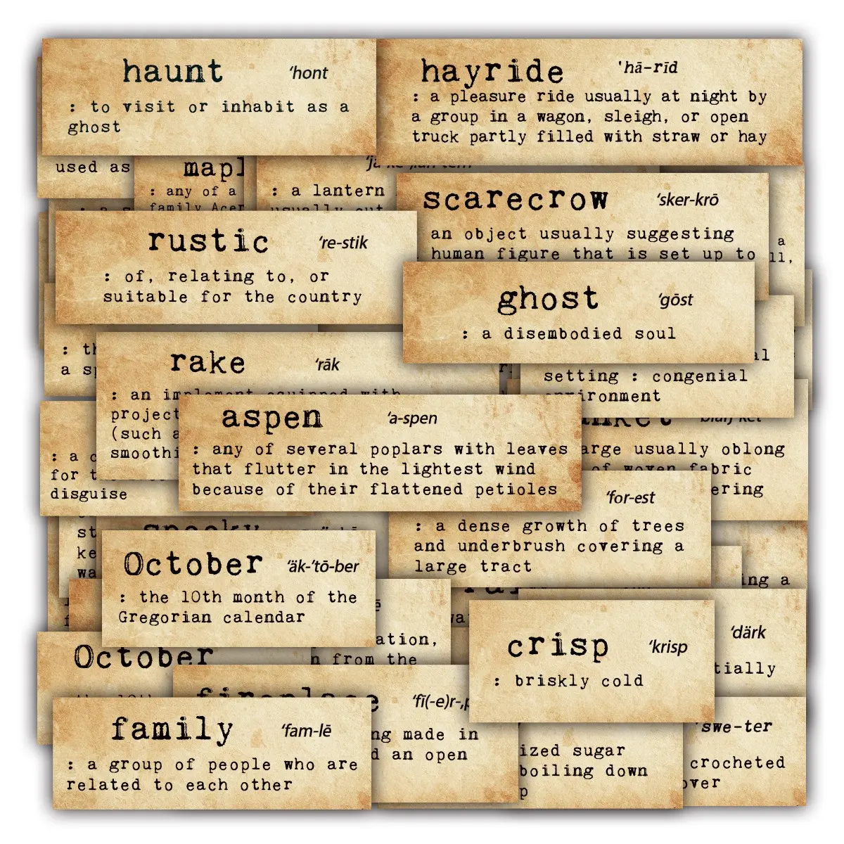 50pcs/4sheets Vintage Fall Halloween Word Definition Stickers, Retro Old Parchment Typewriter Text Ephemera Stickers, Autumn Spooky Vocabulary Label Stickers for Junk Journal, Scrapbooking, Card Making & Halloween DIY Craft Supplies