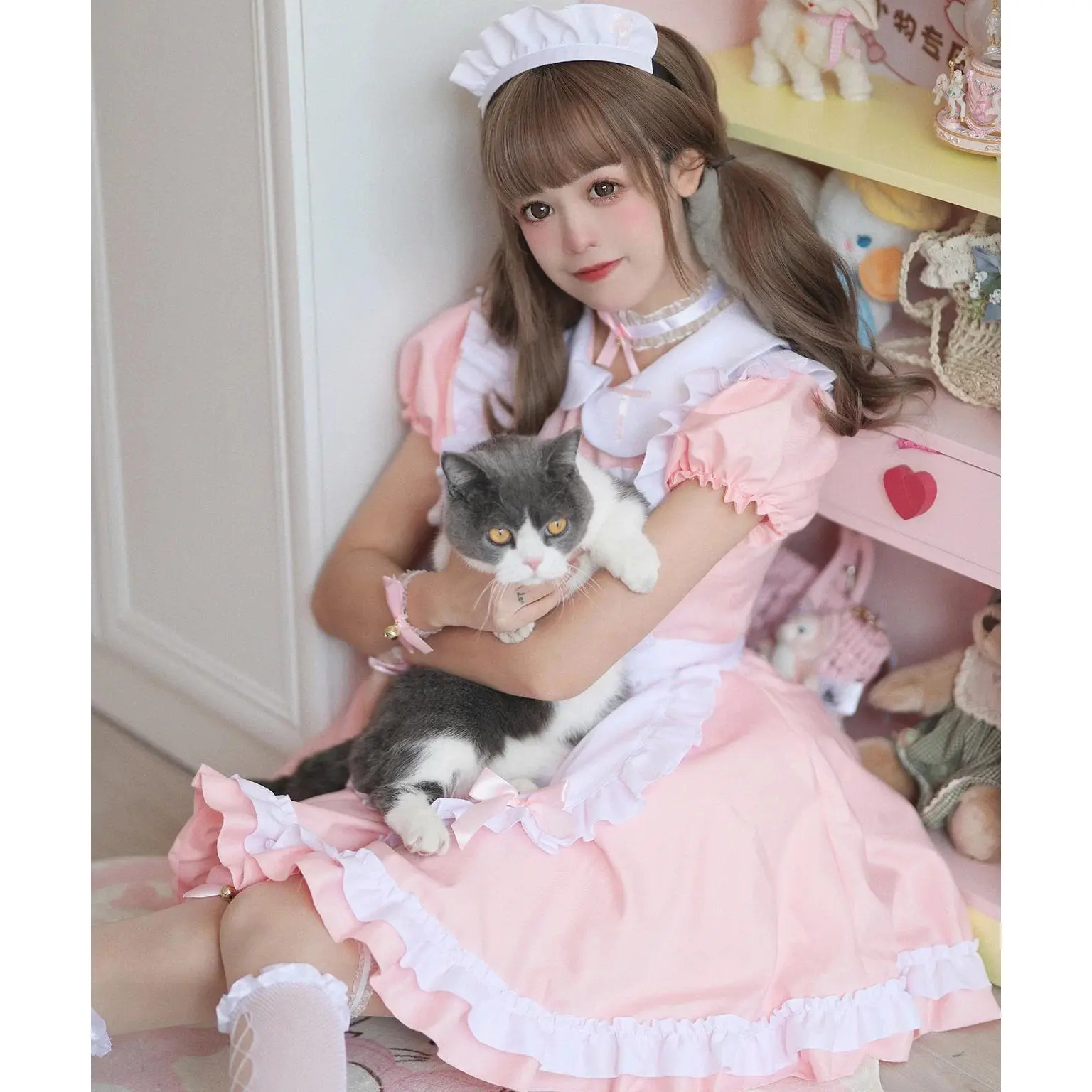 Women's Cream Sweetheart Pink Lolita Cosplay Maid Costume - Short-Sleeved Uniform Dress for Girls, Included in Clothes Accessories Sets (Women's Clothes, Fashion Accessories), 155Cm, Xxxl, 2Xl, Polyester, Short Sleeve, 4Xl, Plus Size, 5Xl, Multi-Size, Cos