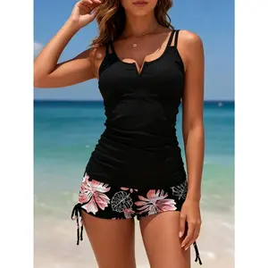 Women's 2 Piece Tankini Set,Cute Summer Beach Bathing Suit,Notch Neck Double Strap Ruched Tank Top with Floral Print Side Tie Boyshort Bottoms, Modest Swimwear for Women,Tummy Control Modest Bathing Suit for Beach Pool Vacation