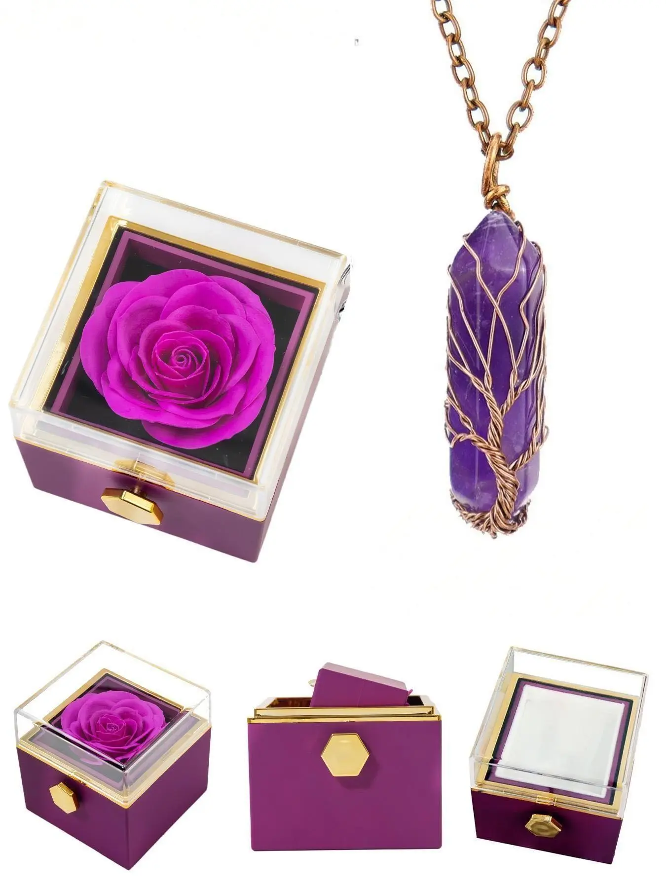 Amethyst Tree of Life Wire-Wrapped Pendant Necklace, Vintage Hexagonal Purple Quartz with adjustable chain. Handmade wire tree calms restless mood, ideal gift for women & girls for Mother’s Day, birthday, anniversary, premium spiritual jewelry.