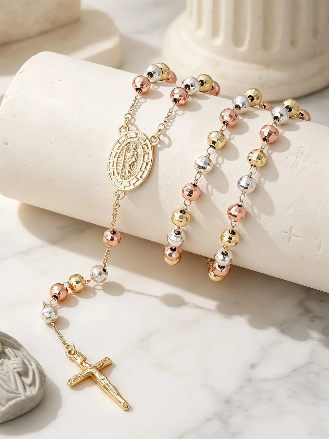1 Piece Fashion Luxurious St. Jude Rosary Necklace, Tri-Color Faceted Beads, Crucifix Pendant Y-shaped Sweater Chain, Catholic Religious Jewelry, 2 Styles Available (CZ Inlaid & Plain Medal), Prayer Rosary for Women, Elegant Necklace