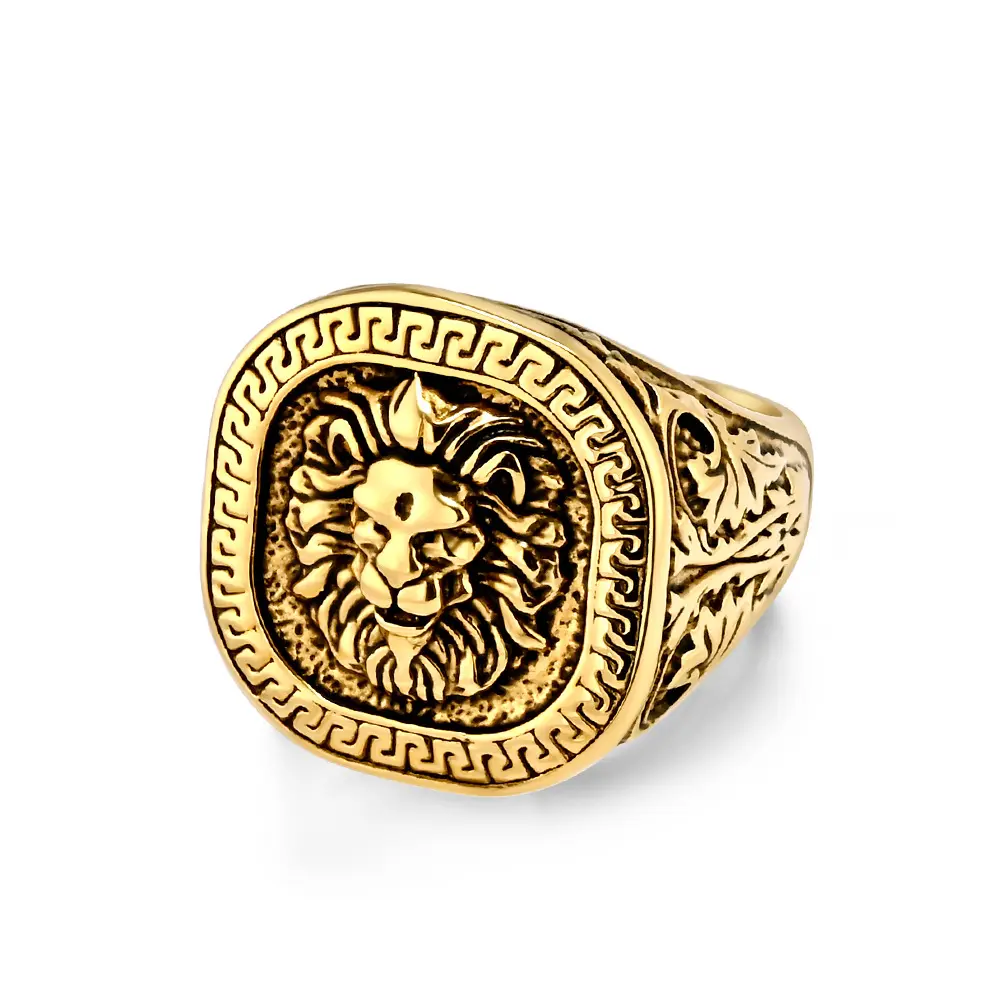 3D Embossed Lion Head Signet Ring, 3 Tone Stainless Steel Greek Key Pattern Vintage Floral Men Wide Band | A Perfect Gift Choice | Waterproof & Corrosion-Resistant Material
