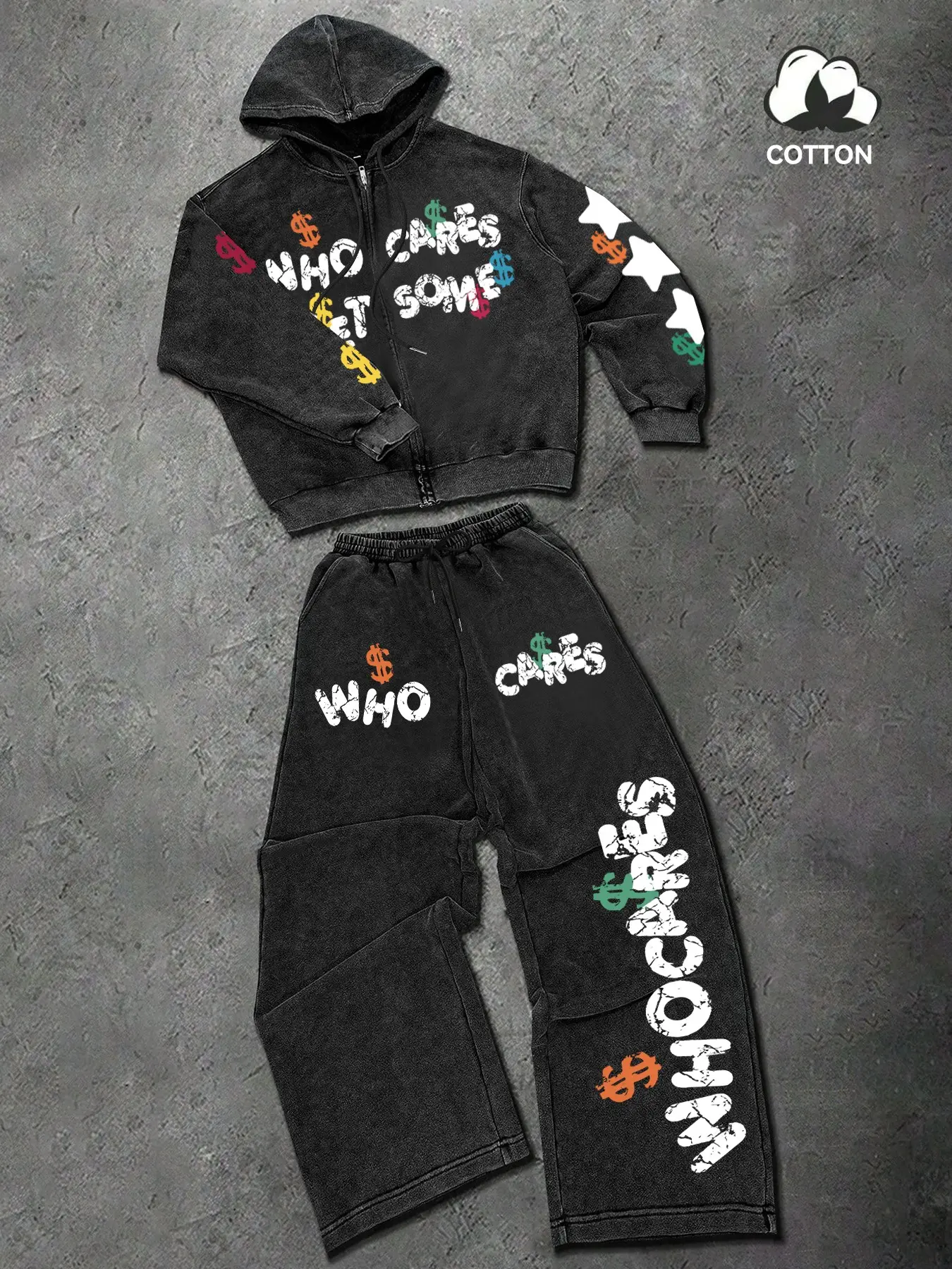 Y2K Acid Wash Black Zip Up Hoodie Set Streetwear Graffiti Text Graphic Sweatsuit Wrinkle Resistant Heavyweight Draped Loose Fit Tracksuit for Travel Airport Look Street Photography Letter Print Tracksuit