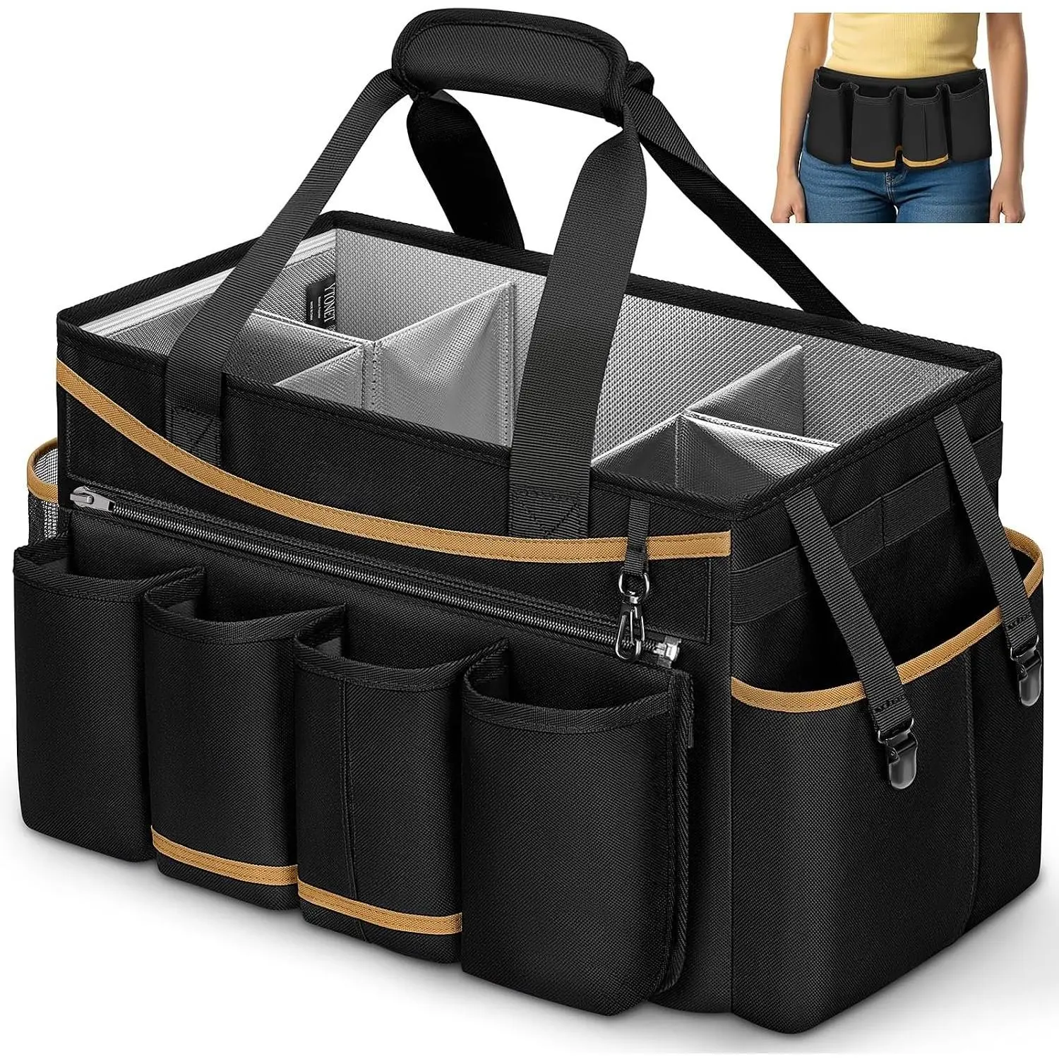 Cleaning  Bag,  Cleaning Supplies Organizer, Black | Detachable Apron & Foldable Dividers, 900D Cleaning Tote with Handle, Portable Cleaner  for Housekeeper, Detailing Bag