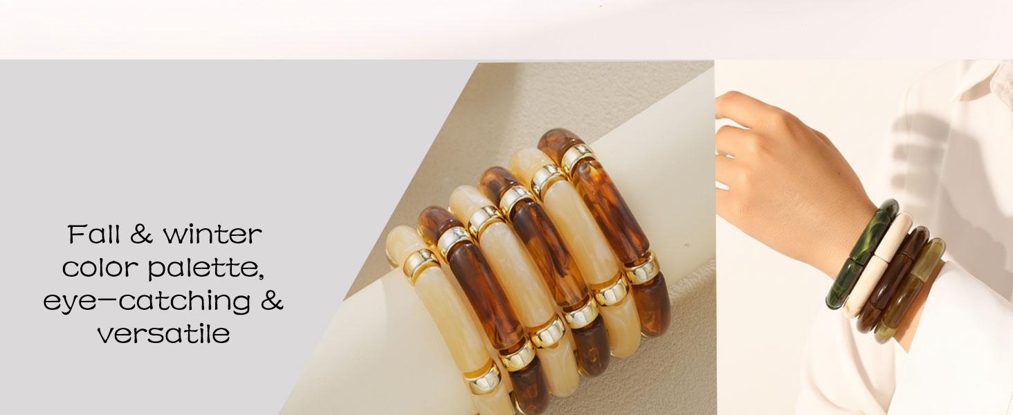 Women's 6pcs Chunky Acrylic Bangle Bracelets - Mixed Texture Cuff, Resin Bamboo Brown, Stretchy Multilayered, Fall Matching Stacked Fashion Jewelry Set