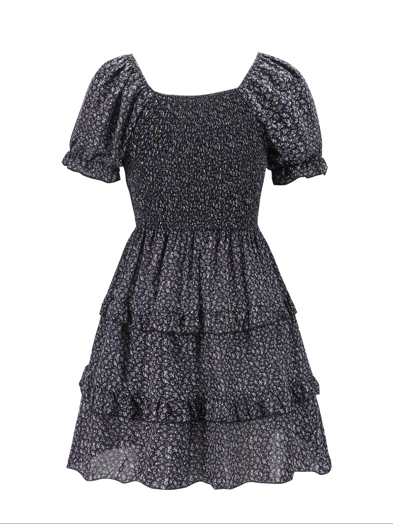 【Plus Size】 Floral Print Frill Trim A Line Dress, Boho Puff Sleeve Shirred Dress for Beach Holiday Vacation, Women's Casual Clothes for Summer