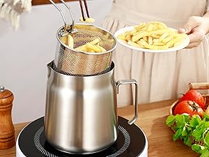 68oz Stainless Steel Oil Filter Pot with Deep Fryer Basket - Kitchen Large Capacity Versatile Oil Strainer Vessel and Bacon Grease Saver for Cooking Grease