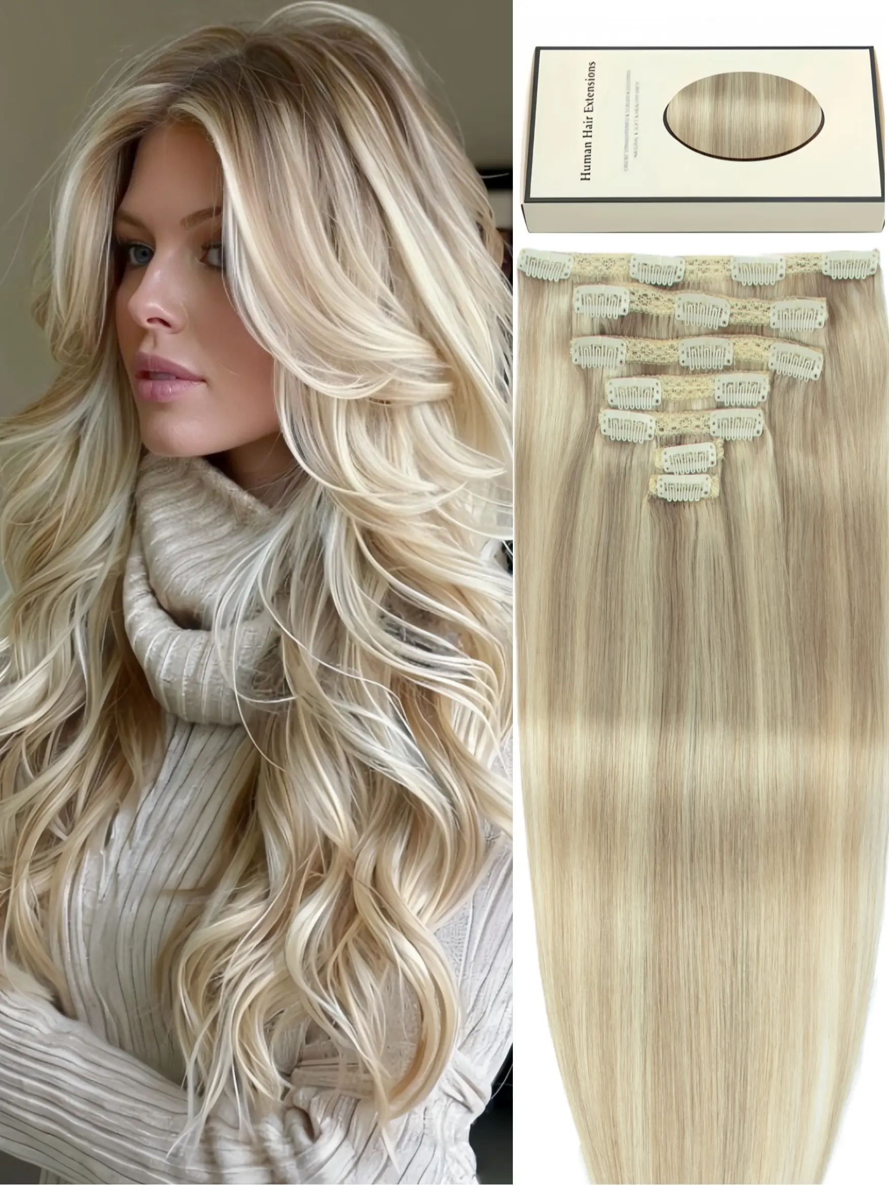 18A/613 Blonde 7pcs/Set Clips-In Human Hair Extensions, Real Human Hair with Smooth Touch Feeling And Natural Out-Looking