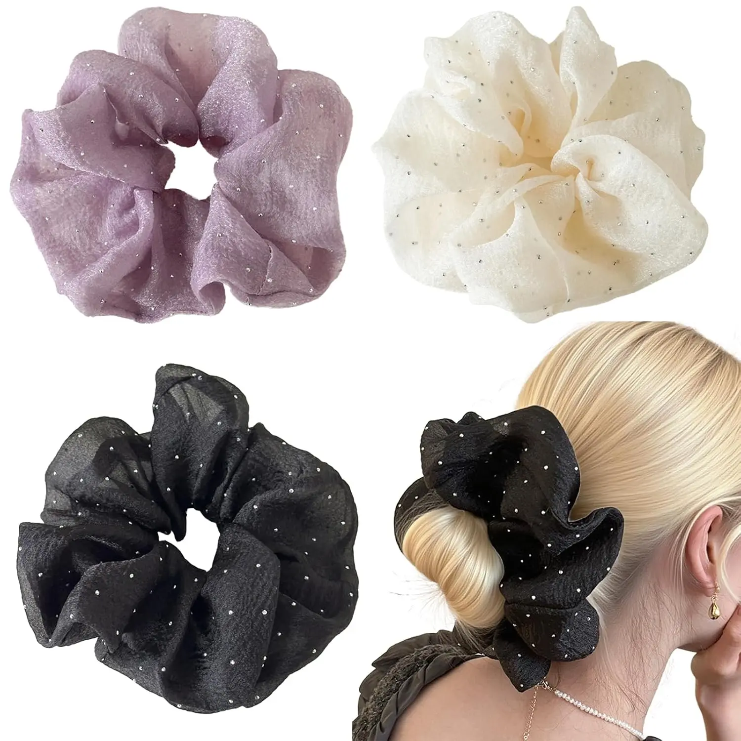 3 Pack  Rhinestone Organza Scrunchies for Women Girls - 6.7" Elegant Chic Puffy  Scrunchies  Sparkly Hair Ties for Wedding Party