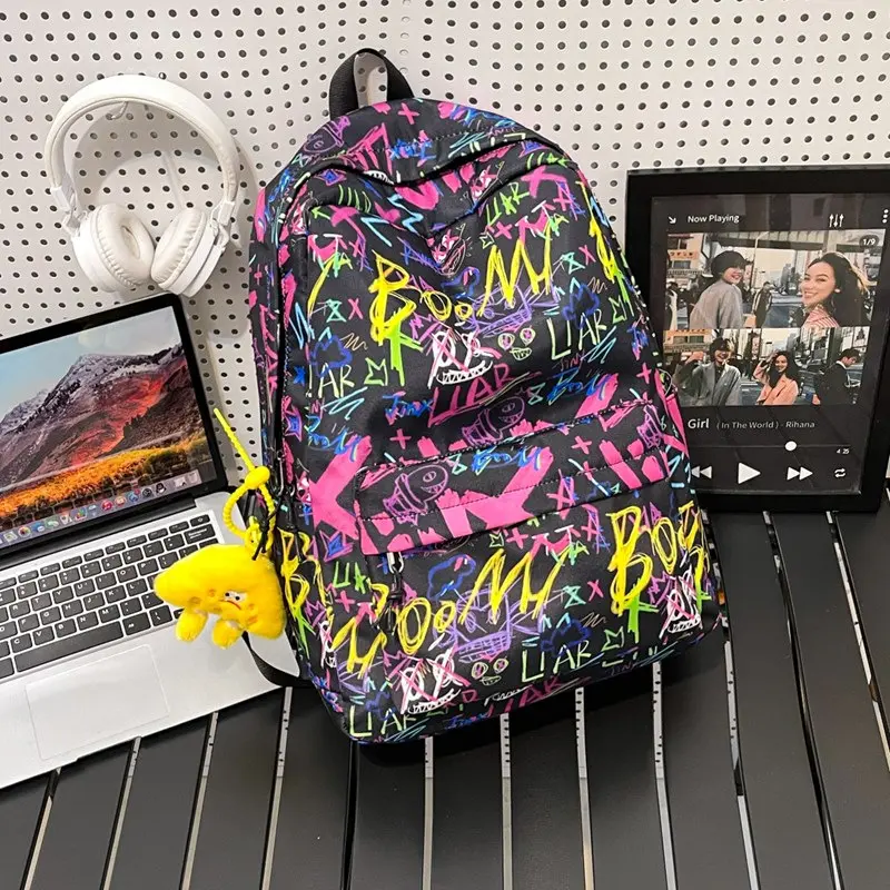 Streetwear Graffiti Backpack, Large Capacity Fashion School Bag, Waterproof Durable Casual Backpack for Men Women
