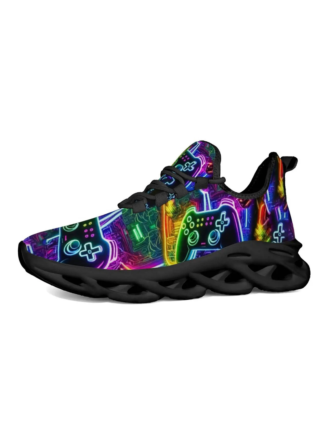 Men's Neon Game Controller Print Casual Sports Shoes, Cyberpunk Fashion, Lightweight Comfortable, Gamer Essential, Night Street Style
