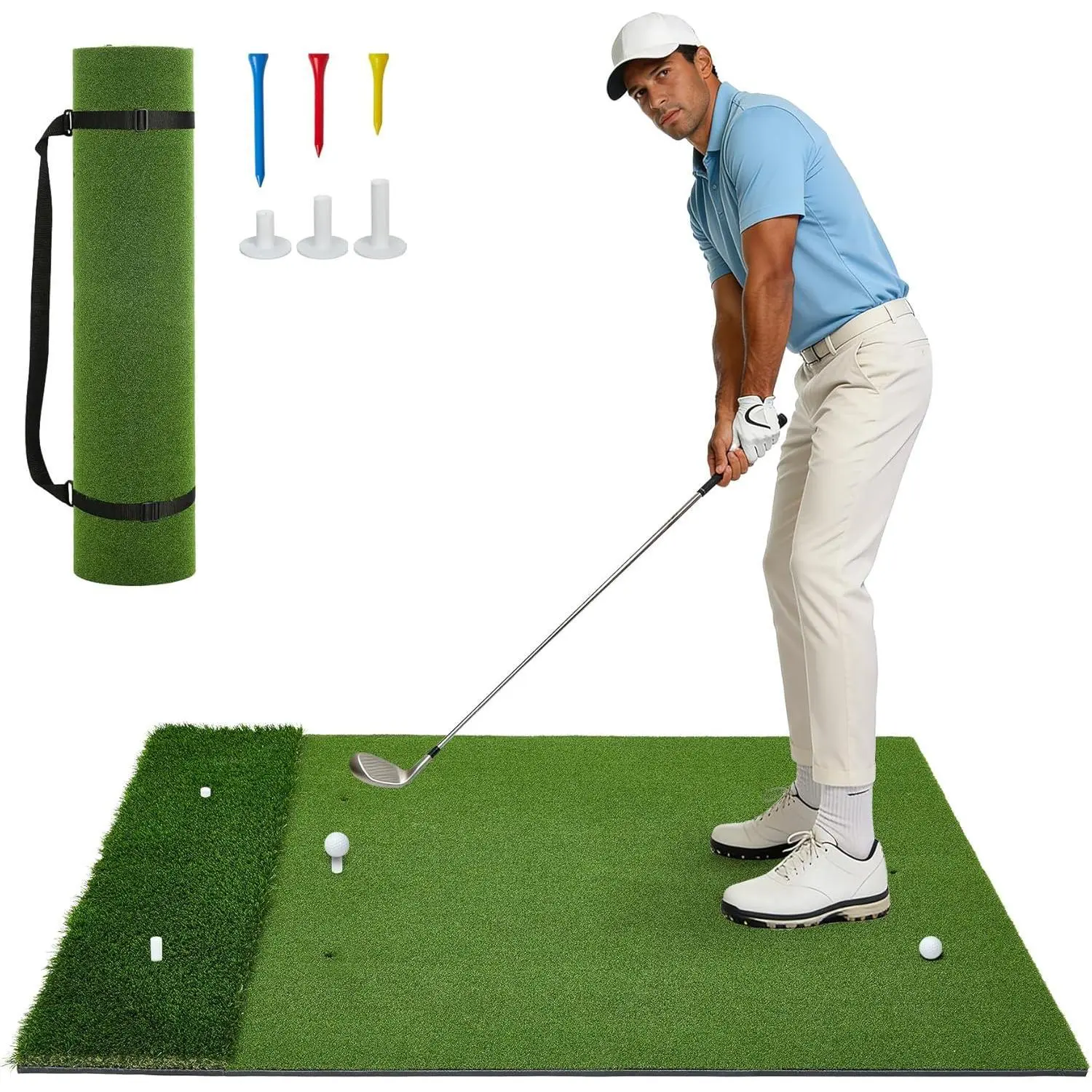 Golf Hitting Mat 5x4 ft, Dual-Turf Artificial Grass with Thick High-Elasticity EVA Base, Ambidextrous Training Aid for Indoor & Outdoor Swing Practice, Ambidextrous Golf Training Equipment, Swing Aid Golf Training Equipment