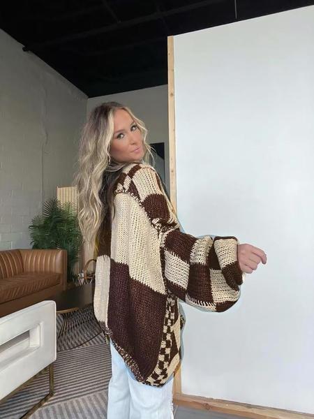 Women's Plaid Knit Cardigan, Lantern Sleeve Loose-Fitting Sweater, Casual Fall & Winter Fashion, Unique Design, New Arrival