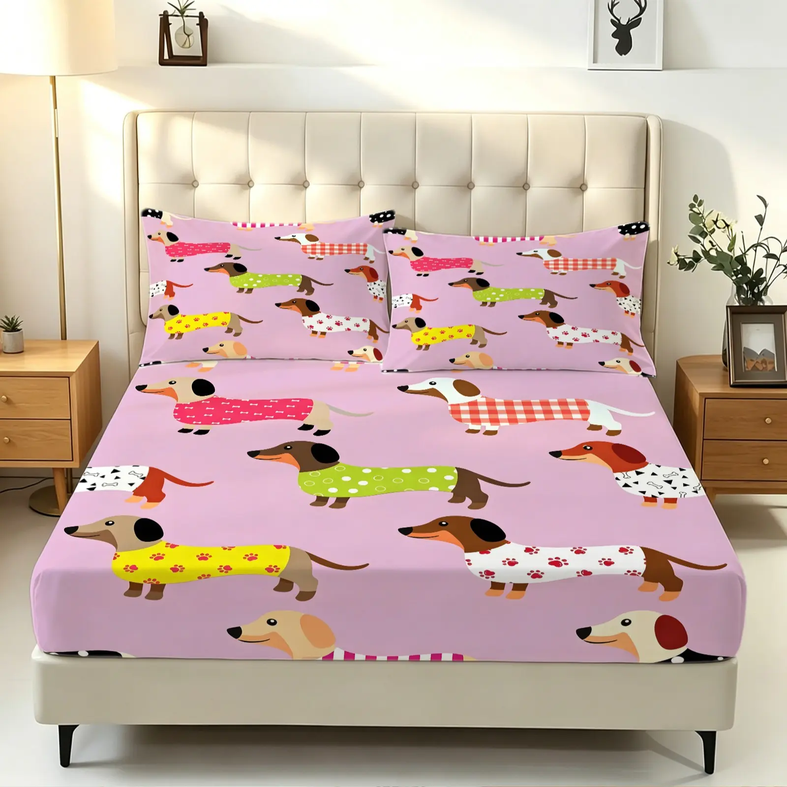 3PCS Cute Cartoon Dachshund Digital Print Fitted Sheet Set, Soft Wrinkle Resistant Bed Sheet Set with Pillowcases, Sausage Dog Pattern Bedding Set, Deep Pocket Skin Friendly Bed Linen for Dog Lovers Bedroom Dorm