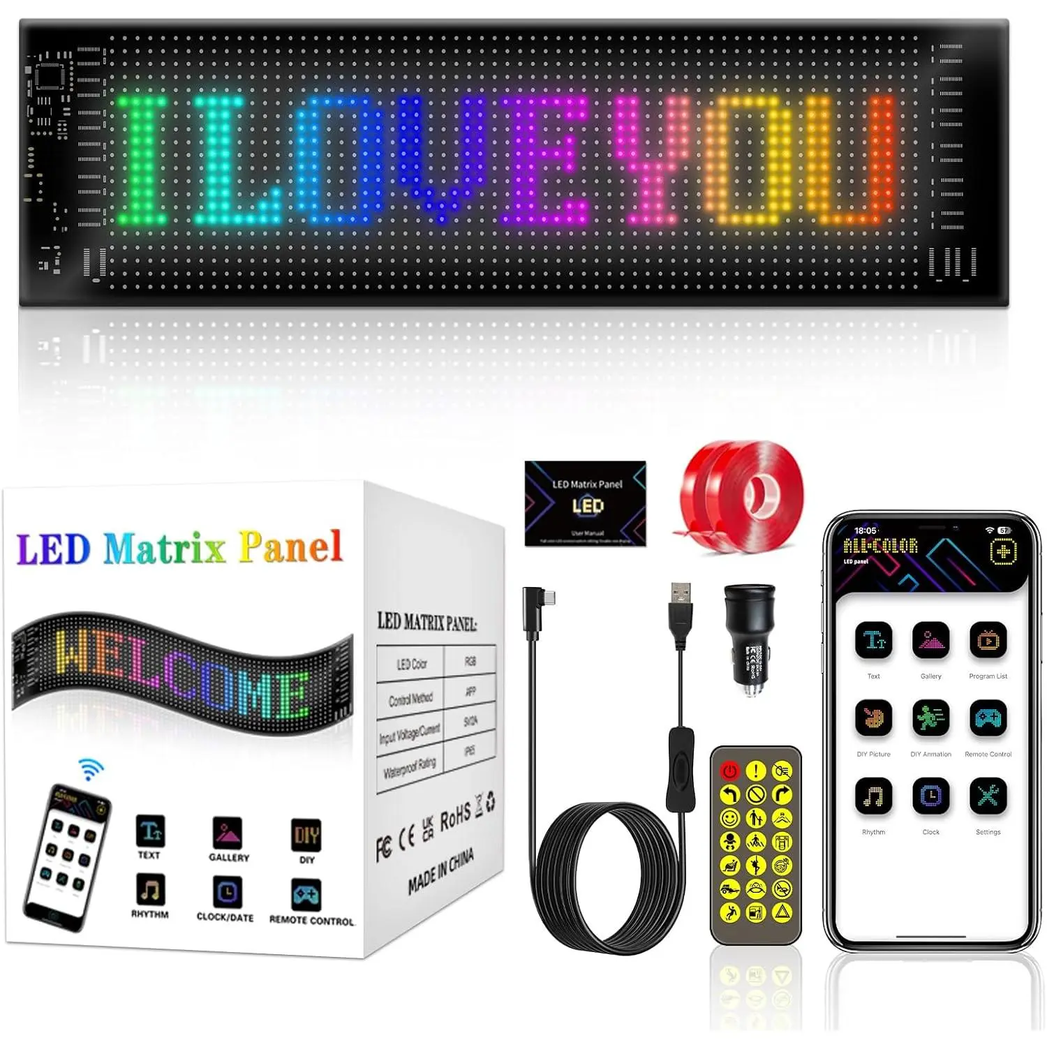 Digital Flexible LED Signs for , SUVs,  &Party Wedding Festival,  App Control DIY Programmable Scrolling Light Signs  Panel, USB 5V2A, 13.7''x4.01''