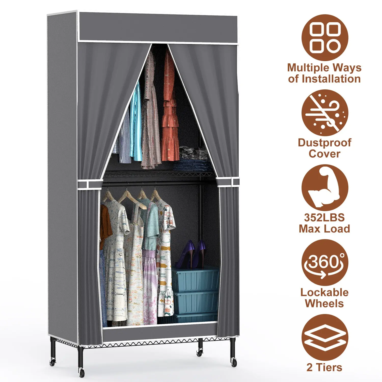 1Pc 2 Tier Foldable Clothing Rack With Cover Portable Wardrobe Closet Covered Garment Rack With 4 Wheels 2 Hanging Rods 2 Hook Racks 35.43x17.13x72.44in