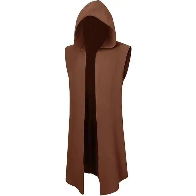 Mens Vintage Plain Cosplay Menswear, Hooded Sleeveless Surcoat, Medieval Knight Tunic Tabard, Viking Halloween Cloak
