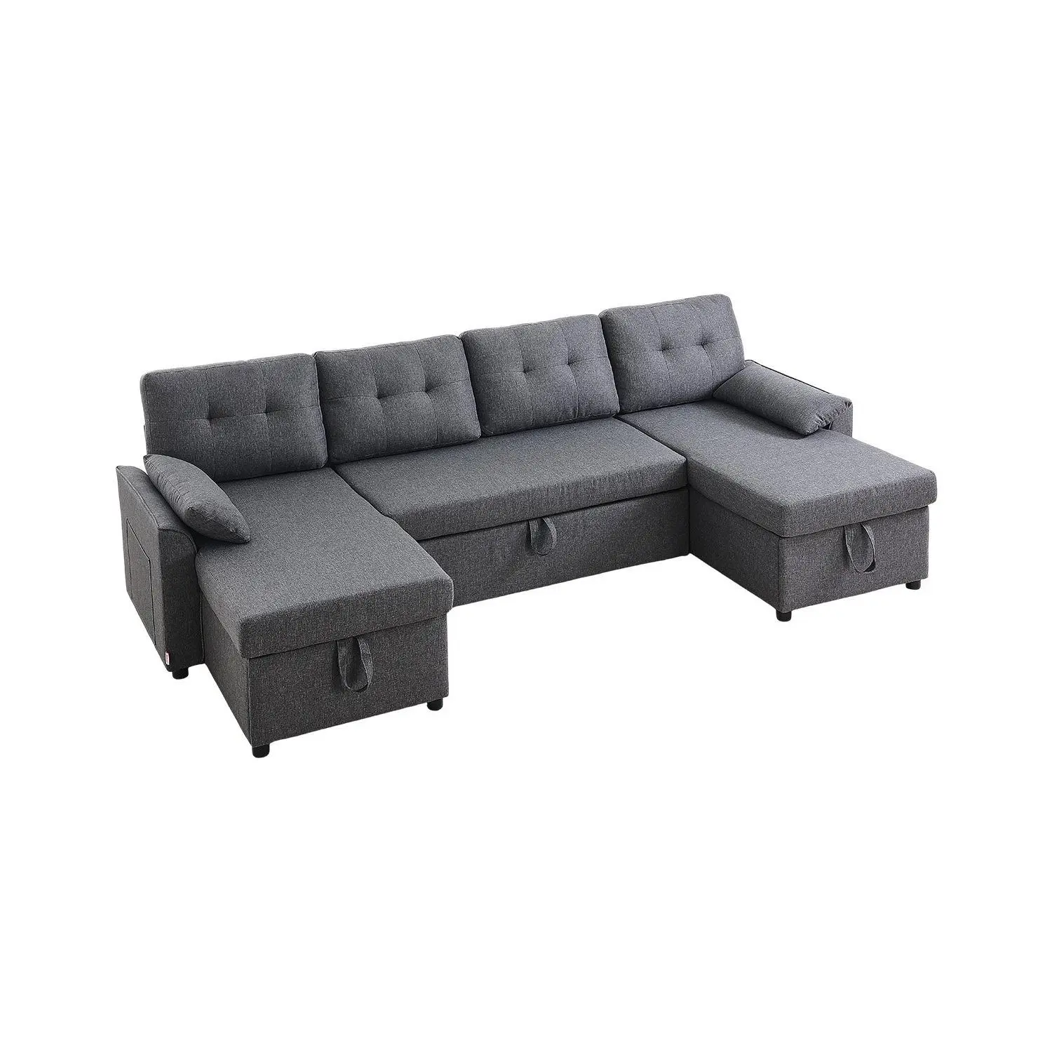 VEVOR Sturdy U-Shaped Extendable Sofa Bed - 6-Seat Convertible Bed with Cushion, 2 Side Pockets, 2 Pillows, Double Chaise, Large Storage, Space-Saving Metal Frame for Living Room, Apartment, Gray