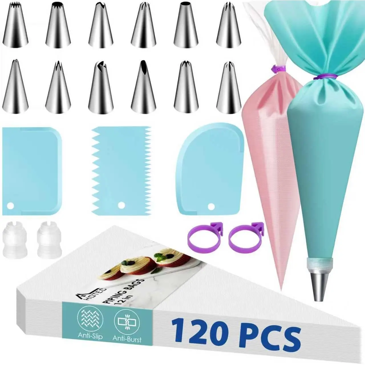 Piping Bags and Tips Set, 120 count Cake Decorating Kit with 100 count 12 Inch Disposable Pastry Bags, 1  Piping Bags, 12 Piping Tips, 3 Cake Scraper, 2 Couplers, 2 Bag Ties, Baking Supplies