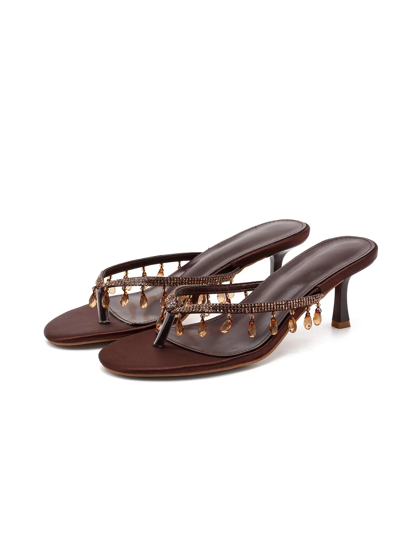 Satin Rhinestone Kitten Heel Thong Sandals for Women Sparkly Crystal Drop Slip On Dress Shoes Dressy Sandals Summer Party Elegant Heeled Sandals Backless Sandals | Touch Isle