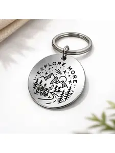 1pc Metal Laser-Engraved Keychain with "EXPLORE MORE" Outdoor RV Mountain Landscape Sketch Design, Car Pendant Backpack Accessory for Outdoor Adventure Enthusiasts, Birthday Gift for Travel Buddy Friends, Instagram-Style  Small Item