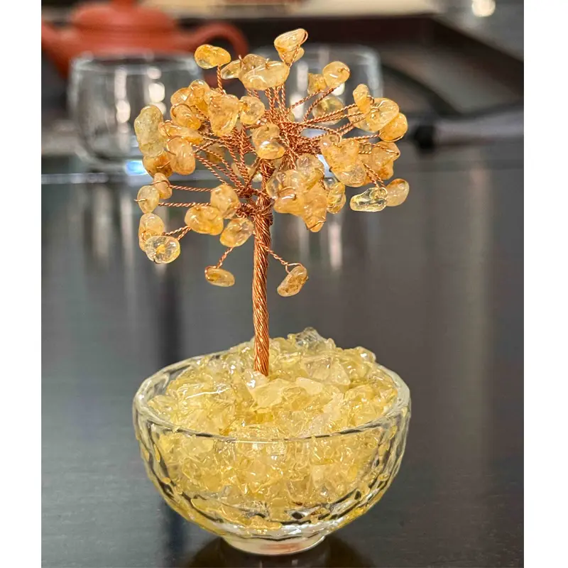 Natural Citrine Money Tree Ornament, Handmade Copper Wire Crystal Tree for Desk Decor & Wealth Energy Healing