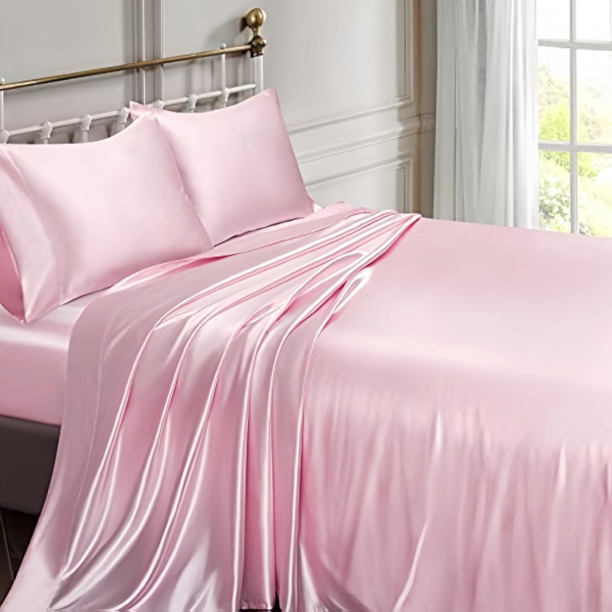 Solid Color Satin Bedding Set, 3/4 Counts Luxury Bedroom Bed Sheets Includes 1 Flat Sheet, 1 Fitted Sheet, and 1/2 Pillowcase without Filler, Room Accessories, Silky Fitted Sheet