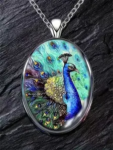 1 PC Fashion Jewelry DIY Zinc Alloy Necklace, Beautiful Peacock Pattern Oval Glass Necklace, Unisex, Perfect for Weddings, Birthdays, Graduations, Holidays