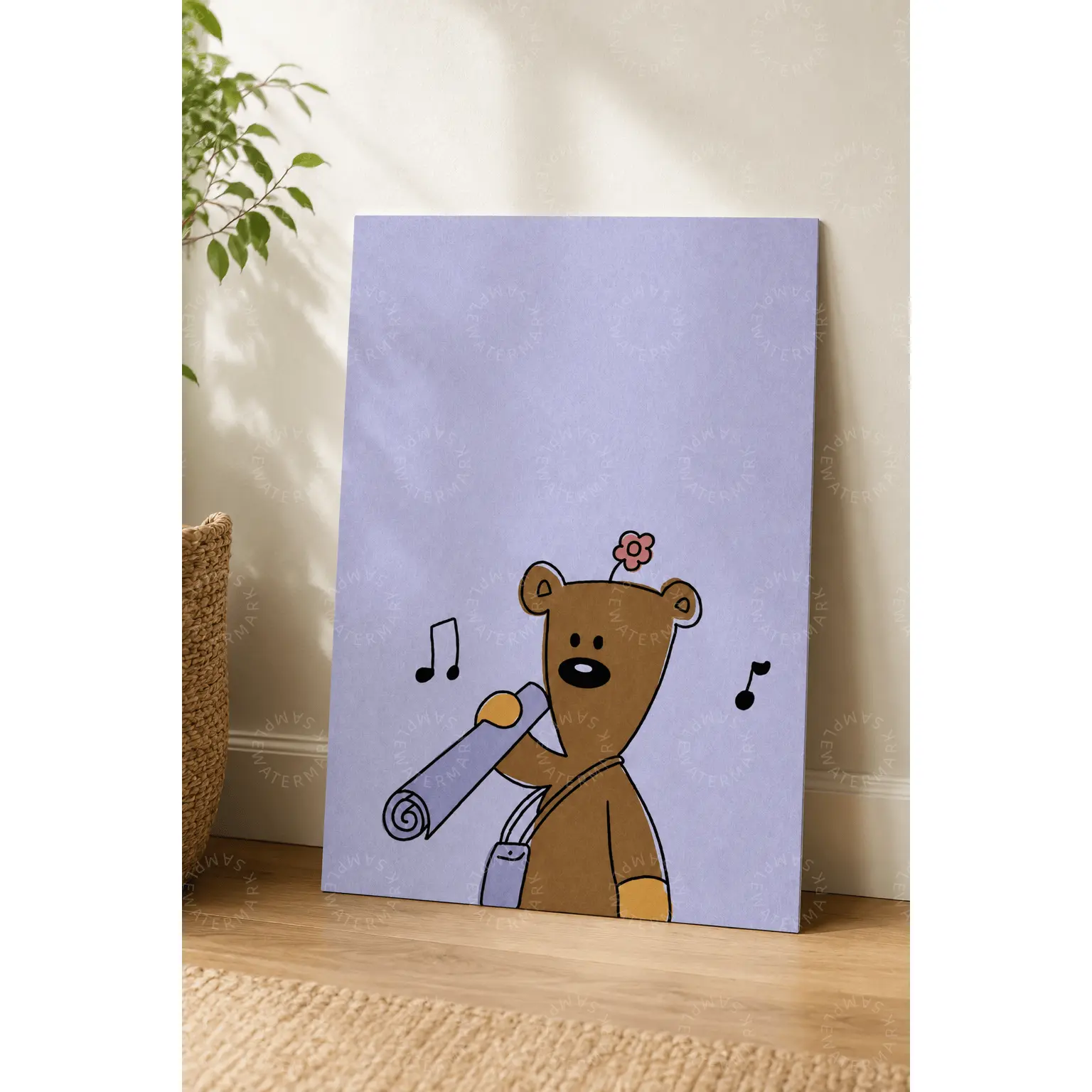 Cute Singing Bear Canvas Wall Art, Brown Teddy Bear with Microphone Lavender Aesthetic Poster, Music Room Decor for Nursery, Kids Room, Bedroom, Playroom, Classroom and Animal Lover Gift