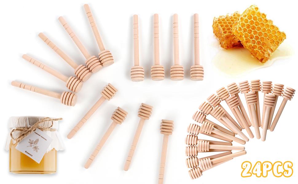 The ultimate bulk honey stirring set you can’t miss!24Pcs 4.1-inch natural wood honey dipper sticks with honeycomb pattern, easy to clean & reusable, perfect for dispensing honey from jars, drizzling on ice cream, cakes or smoothies