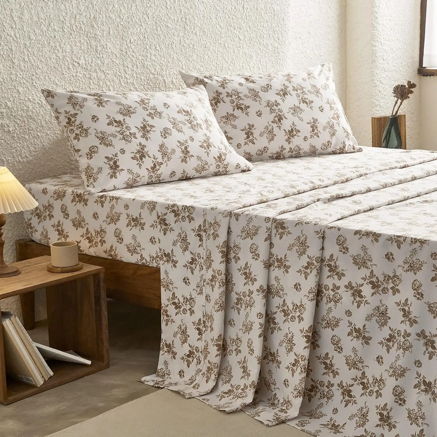 - Floral Bed Sheets, 4- Sheet Set, Shabby Chic Botanical  Cottagecore Vtage Flower  Prted Beddg, Deep Pocket, Brown Taupe, Full Size