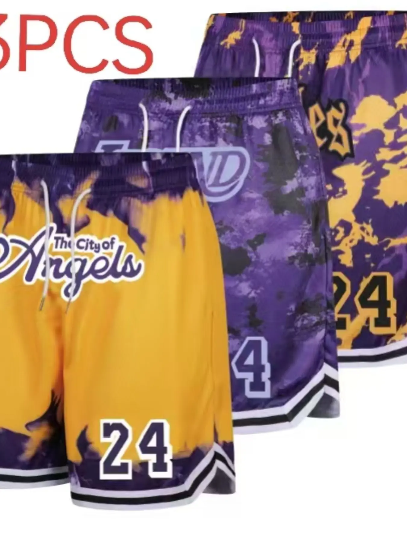 3-Pack Basketball Shorts #24, Outdoor Sport Pants, Casual Party Shorts, All-Over Print, Breathable Mesh, Quick-Dry, Loose-Fit, All Seasons