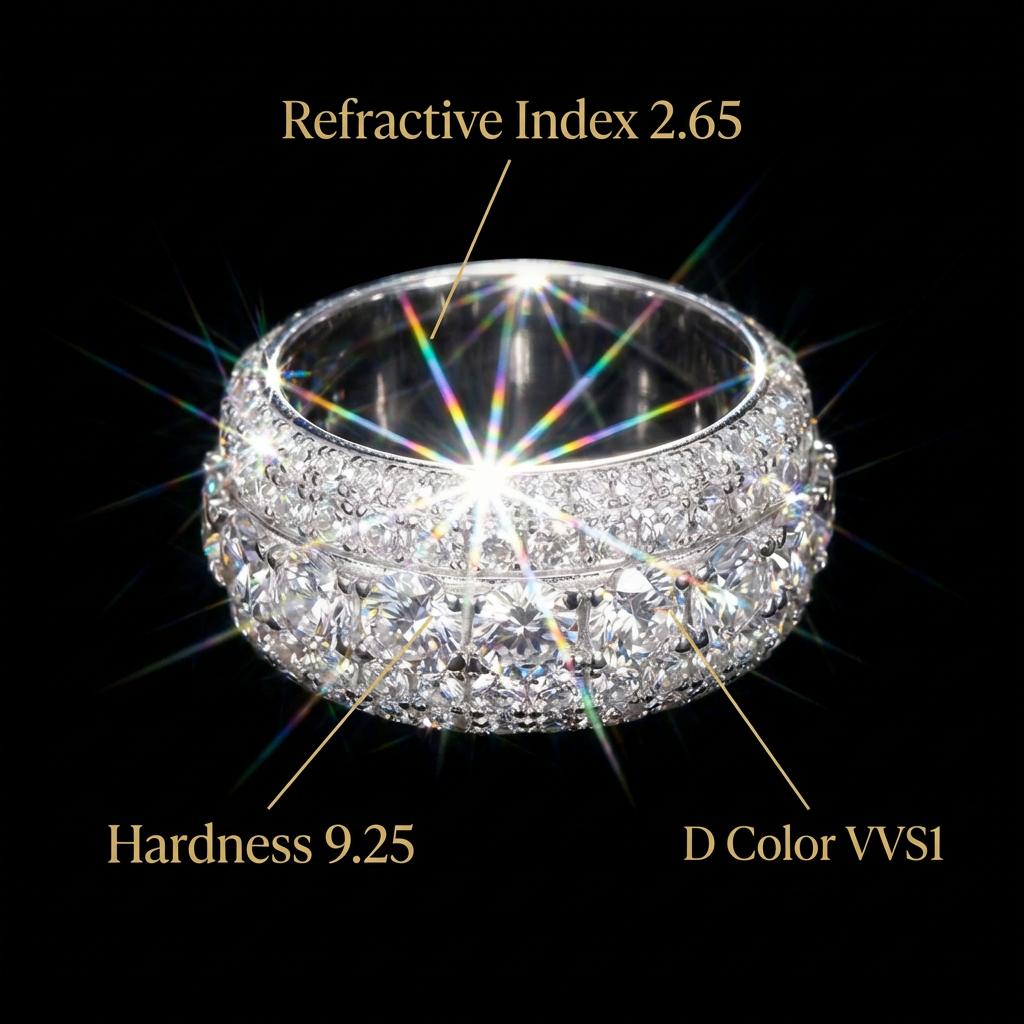 Moissanite Ring for Women - Triple Row Pave Setting D Color VVS1 Clarity 9.25 Hardness Lab Grown Diamond Alternative Engagement Wedding Band