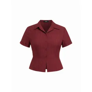 Cider Polo Collar Texture Button Up Shirt Curve & Plus Dealsforyou